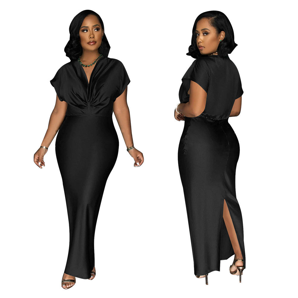 Women Wear V neck Short Sleeve Elegant Slim Back Slit Dress