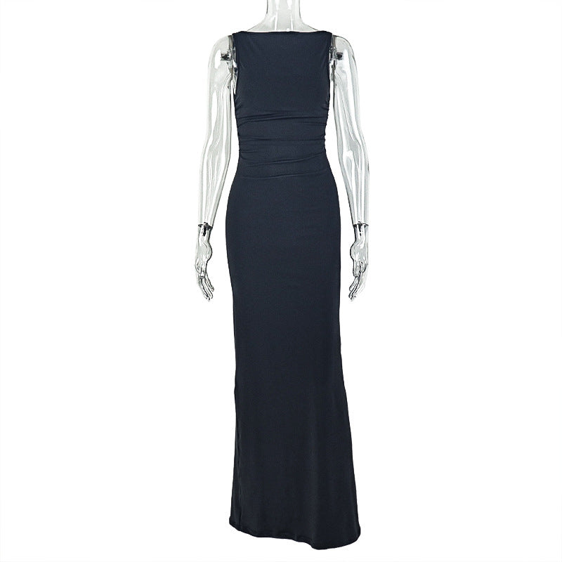 Solid Color Women Clothing Fitted Waist Backless Slimming Hip Dress High Collar Sleeveless Dinner Maxi Dress