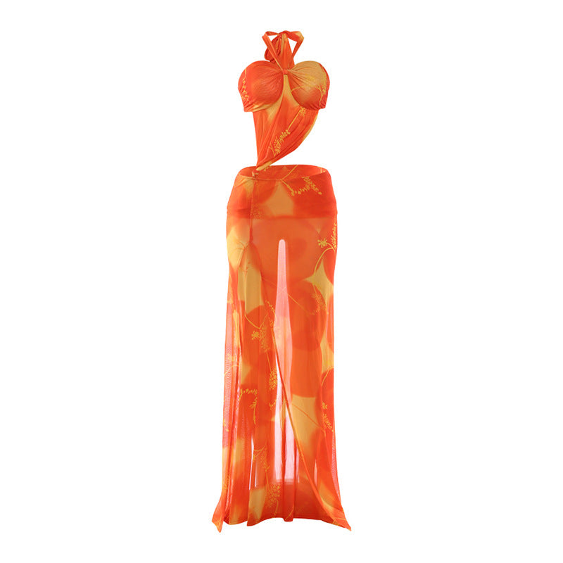Spring Women Clothing Suspenders Personality Stitching Mesh See through Sexy Slit Dress