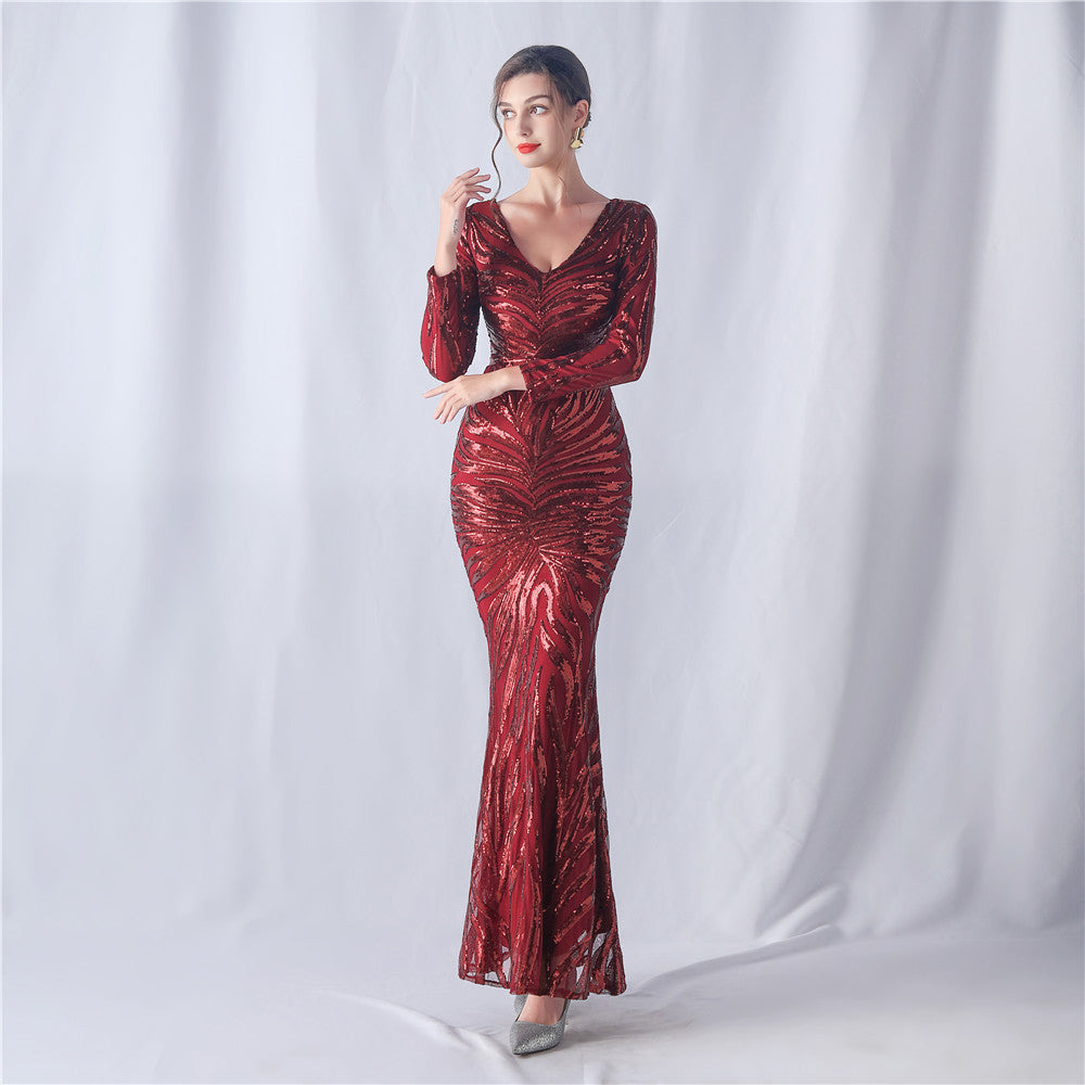 Positioning Floral Cutting Craft Magic Color Sequin Annual Meeting Wedding Long Sleeve Evening Dress