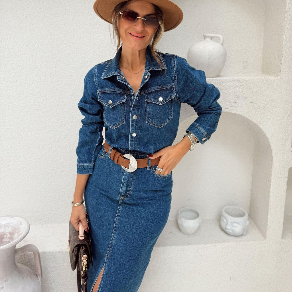 Casual Multi Button Long Sleeve Denim Mid Length Dress