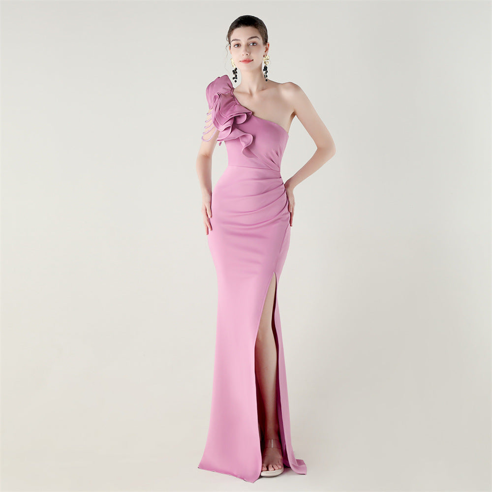 One Shoulder Craft Beading Wave Floral Satin High Slit Sexy Evening Dress Dinner Party Wedding Social