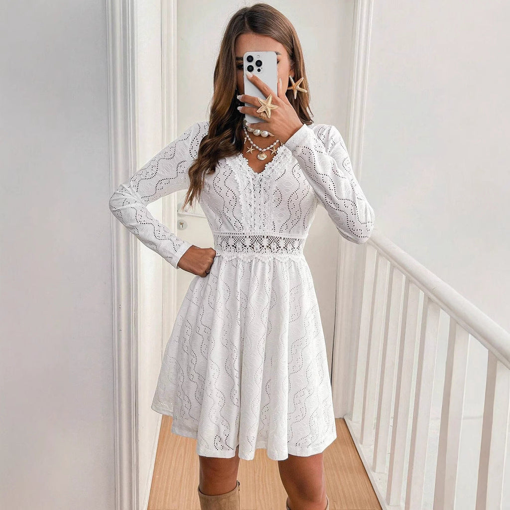 Elegant Women Solid Color Lace Patchwork Mini Holiday Dress Scallops Sundress