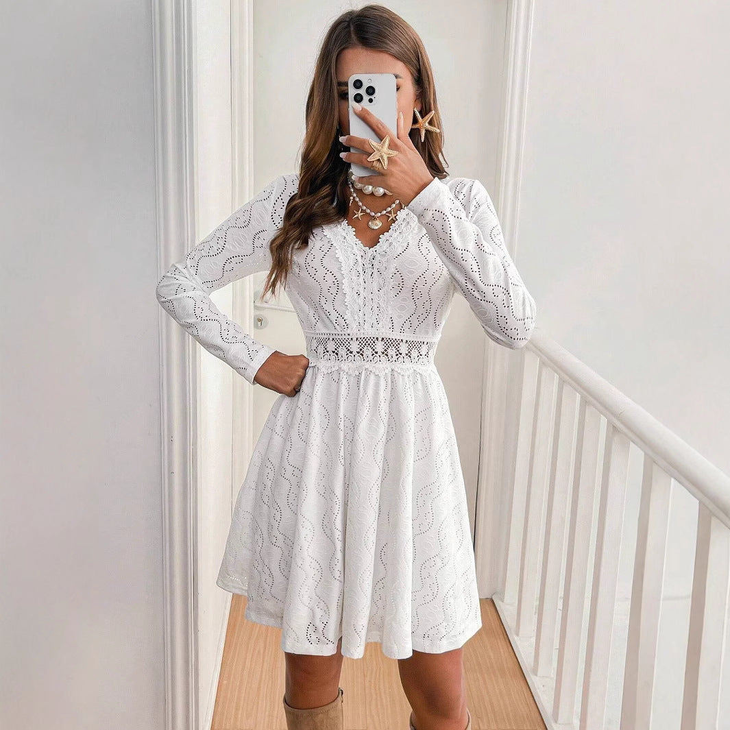 Elegant Women Solid Color Lace Patchwork Mini Holiday Dress Scallops Sundress