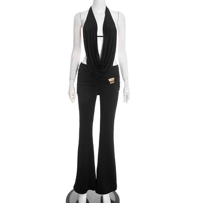 Women Clothing Winter Hanging Collar Backless Top Metal Buckle Bootcut Pants Two Piece Set