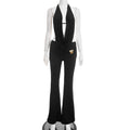 Women Clothing Winter Hanging Collar Backless Top Metal Buckle Bootcut Pants Two Piece Set
