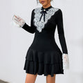 Autumn Lace Bow Patchwork Socialite French Party Elegant Dress