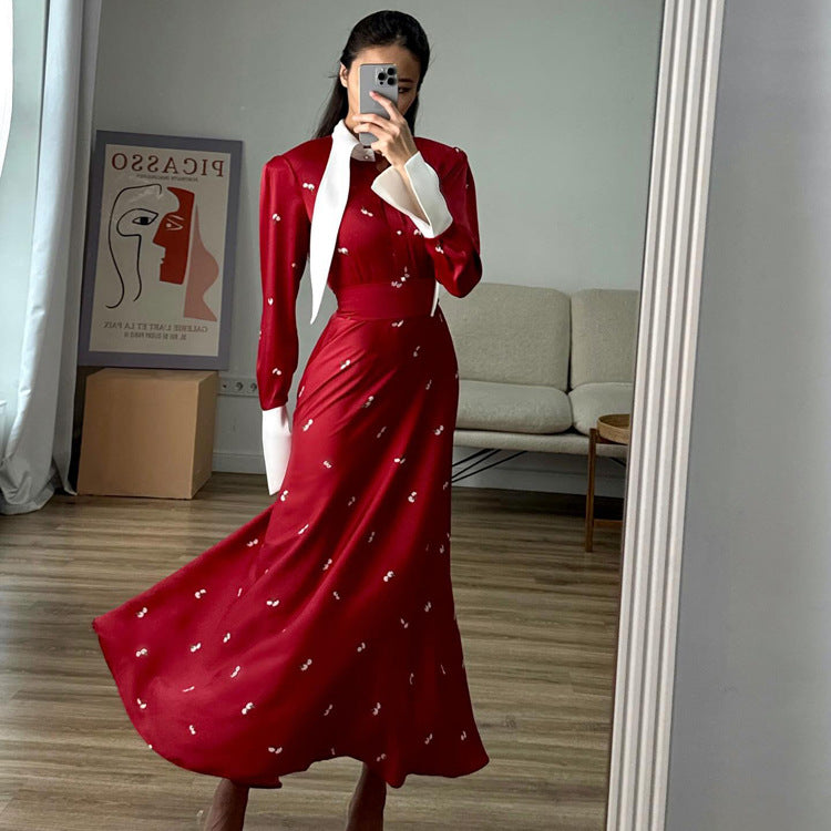 Spring Autumn French Design Printed Satin Dress Women Clothing Elegant Waist Tight Dress
