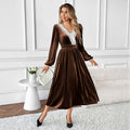 Autumn Winter Maxi Dress Stitching Lace V neck Long Sleeve Velvet Dress Women