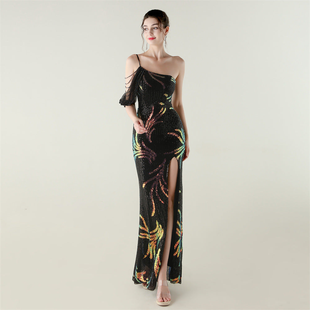 Sequin Mesh Craft Beaded Evening Dress off the Shoulder High Slit Fishtail Dress Swing Cocktail Social Socialite