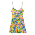 Summer Small Fresh V neck Yellow Printings Pleated Dress for Women