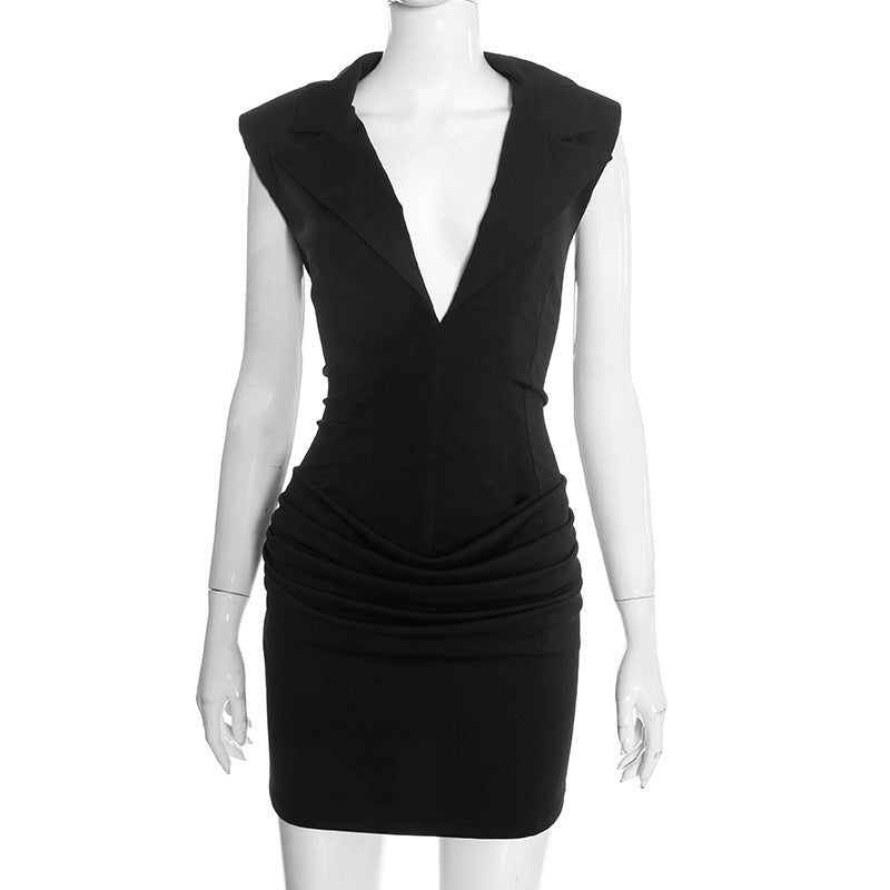 Women Clothing Winter Solid Color Waist Tight Slim Fit Elegant Sexy Sleeveless Sheath Dress