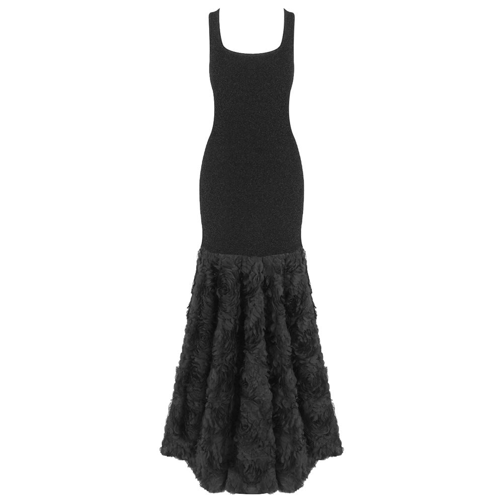Elegant Black Shiny Silver Silk Fabric Rose Floral Dress Slim Fit Sexy Waist Trimming Sleeveless Light Gift Dress