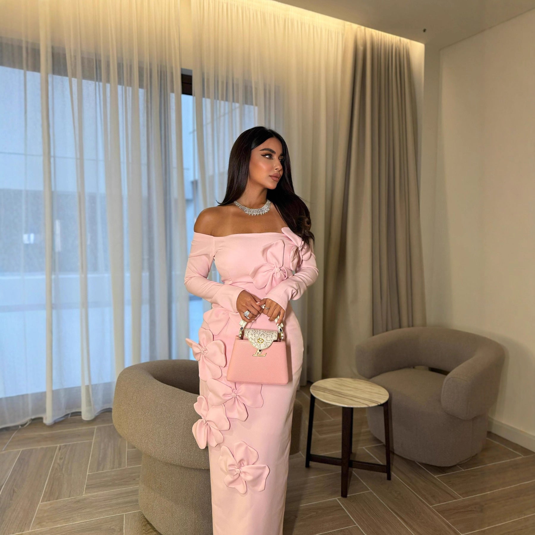 Spring Summer Middle East Elegant Sexy Sheath Three Dimensional Floral off Shoulder Long Sleeve Dress