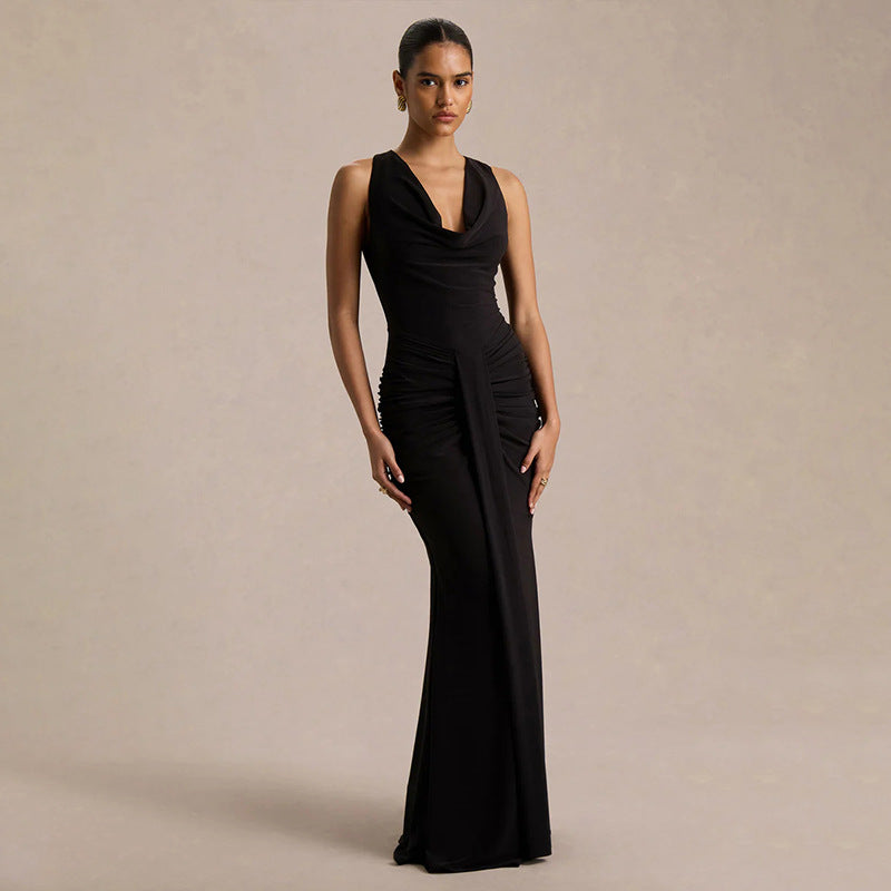 Women Clothing Sexy V neck Slim Fit Pleated Design High Sense Elegant Evening Dress