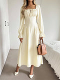 Women Clothing Gentle Square Collar Lace up Long Sleeve Dress Pleated Waist Tight Slimming A line Big Hem Dress