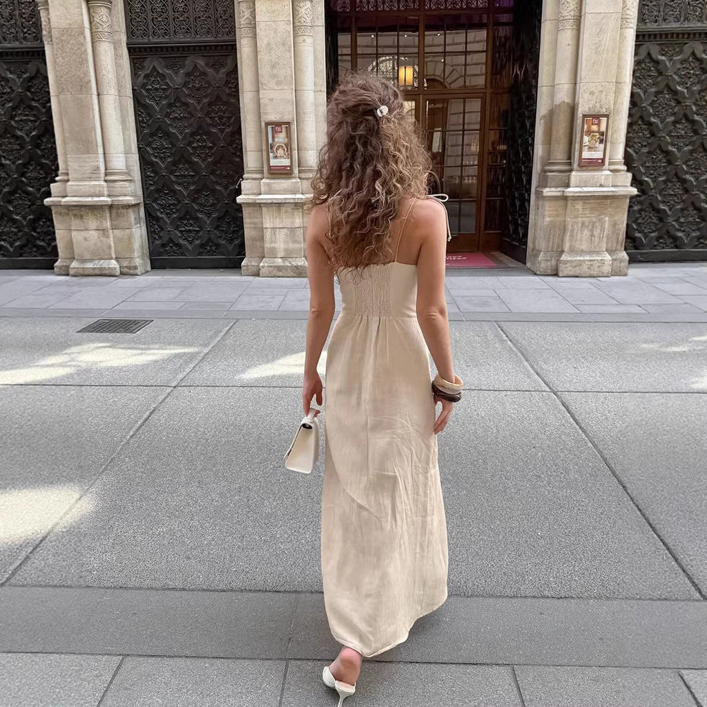Summer Women Clothing Khaki Cotton Linen Split Suspender Sexy Slim Dress