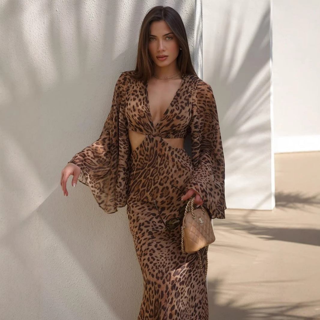 Women Clothing Summer Sexy Leopard Print Lace up Deep V Plunge neck Hollow Out Cutout out Long Sleeve Dress Sexy