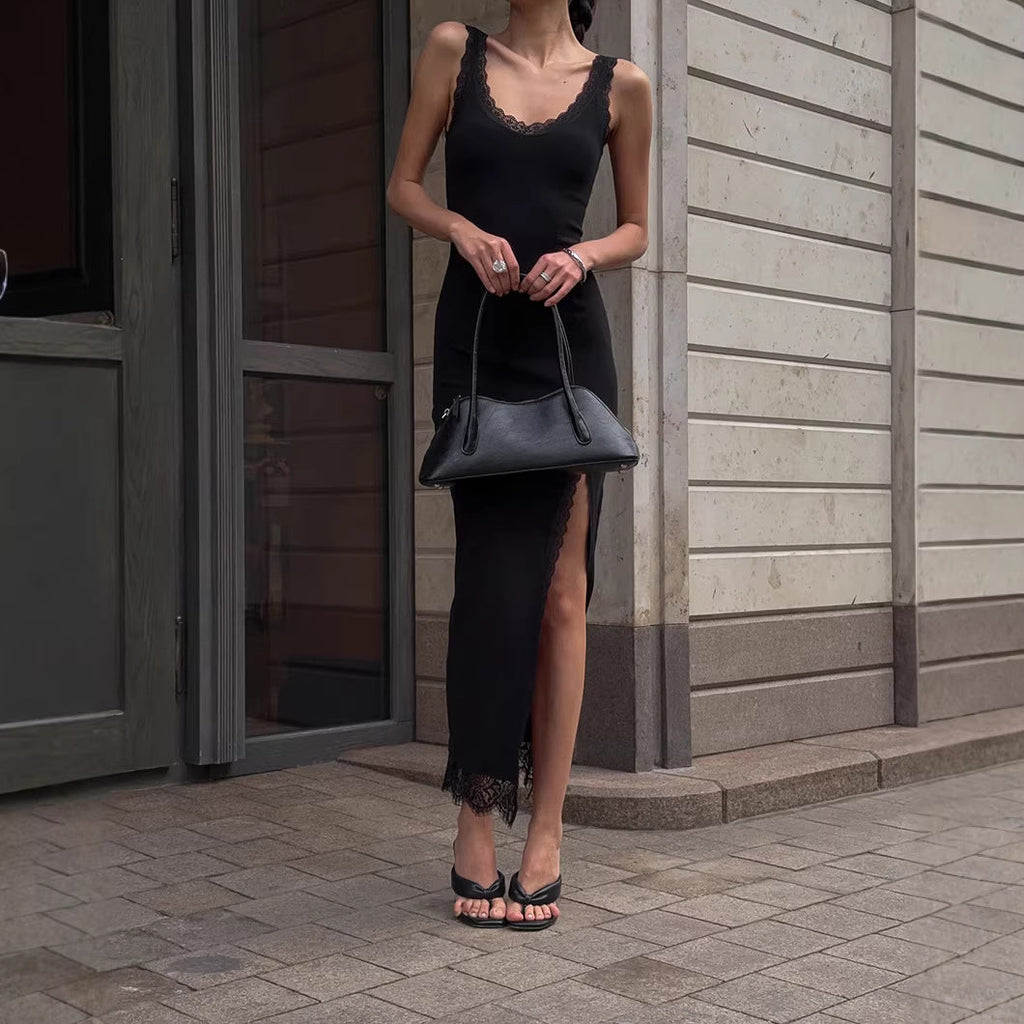 Summer Black Sexy Elegant Lace Slim Fit Patchwork Split Vest Dress Women