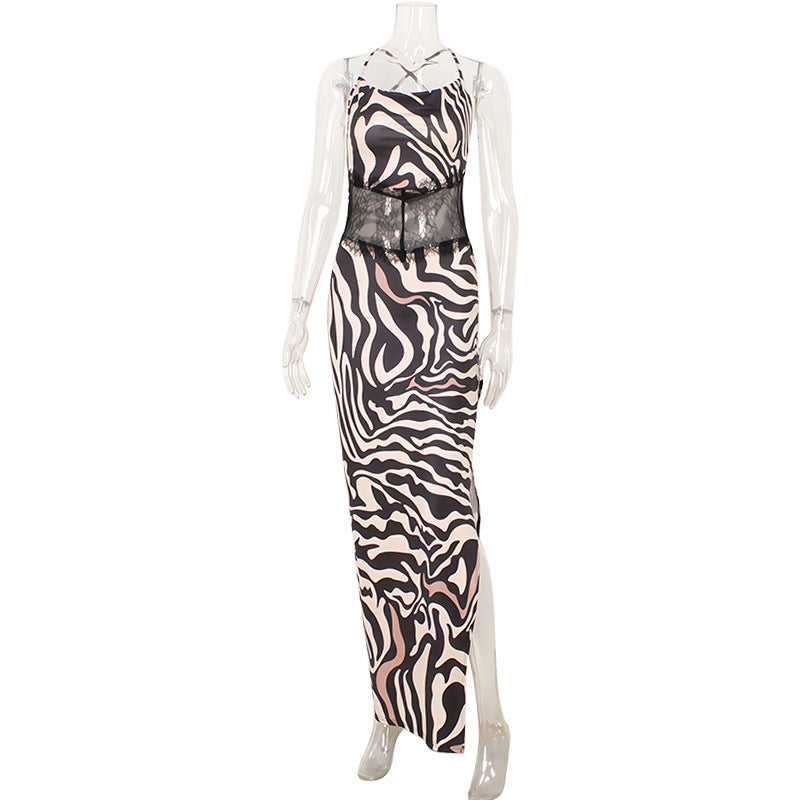 Summer Tiger Pattern Bare Back Mesh Splicing Sling Dress High Slit Beach Vacation Dress