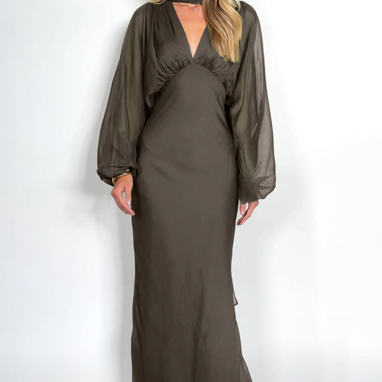 Elegant Women Clothing Autumn Design Pleated Dress Fashionable Scarf V neck Long Sleeve Narrow Maxi Dress