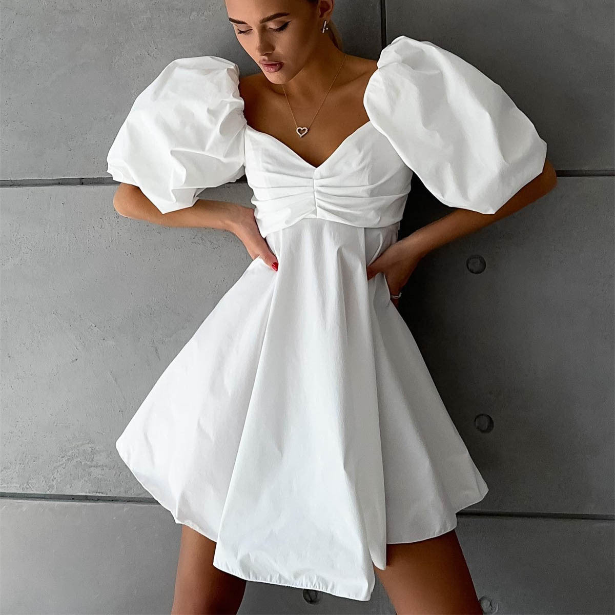 Off Neck Short Dress for Women Summer Puff Sleeve High Waist A line Dress French Princess Dress for Women
