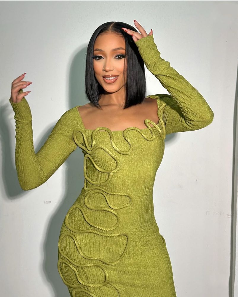 Spring Summer Pleated Personality Twisted String Decoration Square Collar Long Sleeve Slim Length Dress