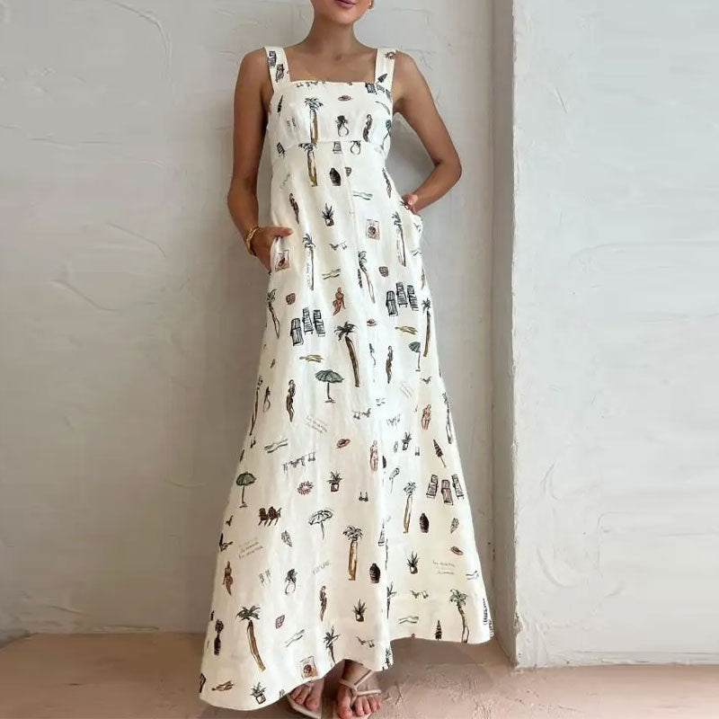 Bow Bandage Summer Maxi Dress Women Cothing Printed Sleeveless Office Long Suspender Amplified craft