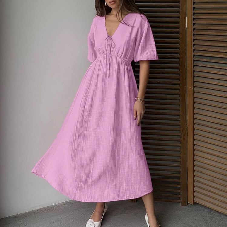 Women Clothing Cotton Double Layer Champray High Waist Dress V neck Puff Sleeve Lace up A line Long Dress