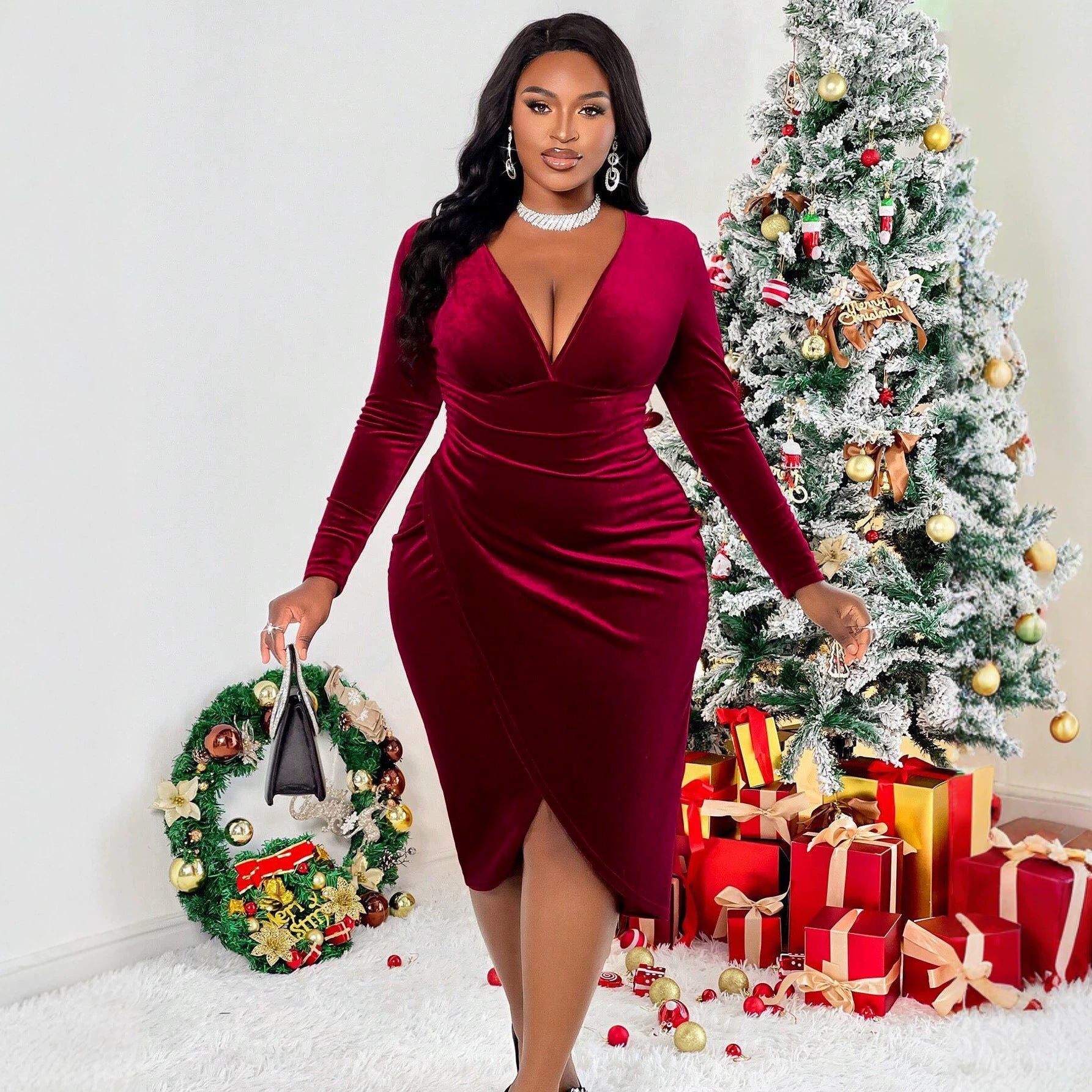 Velvet Dress Deep V Plunge neck Long Sleeve Pleated Waist Tight Split Slimming Christmas Sheath Dress