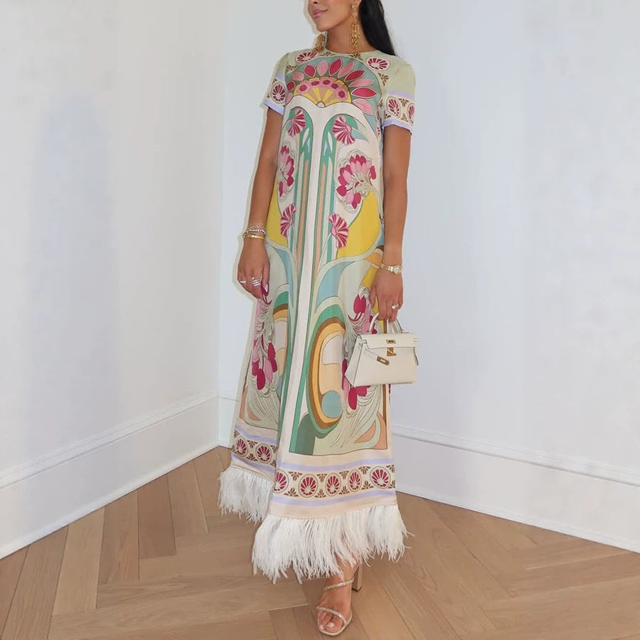 Spring Summer Satin Positioning Printed Feather Dress Short Sleeve Loose Dress for Women