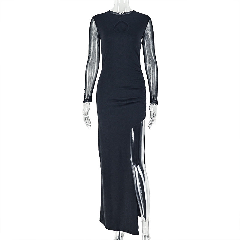 Slim Fit Women Split Solid Color Micro Transparent Hip Dress round Collar Design Long Sleeve Dress