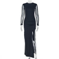Slim Fit Women Split Solid Color Micro Transparent Hip Dress round Collar Design Long Sleeve Dress