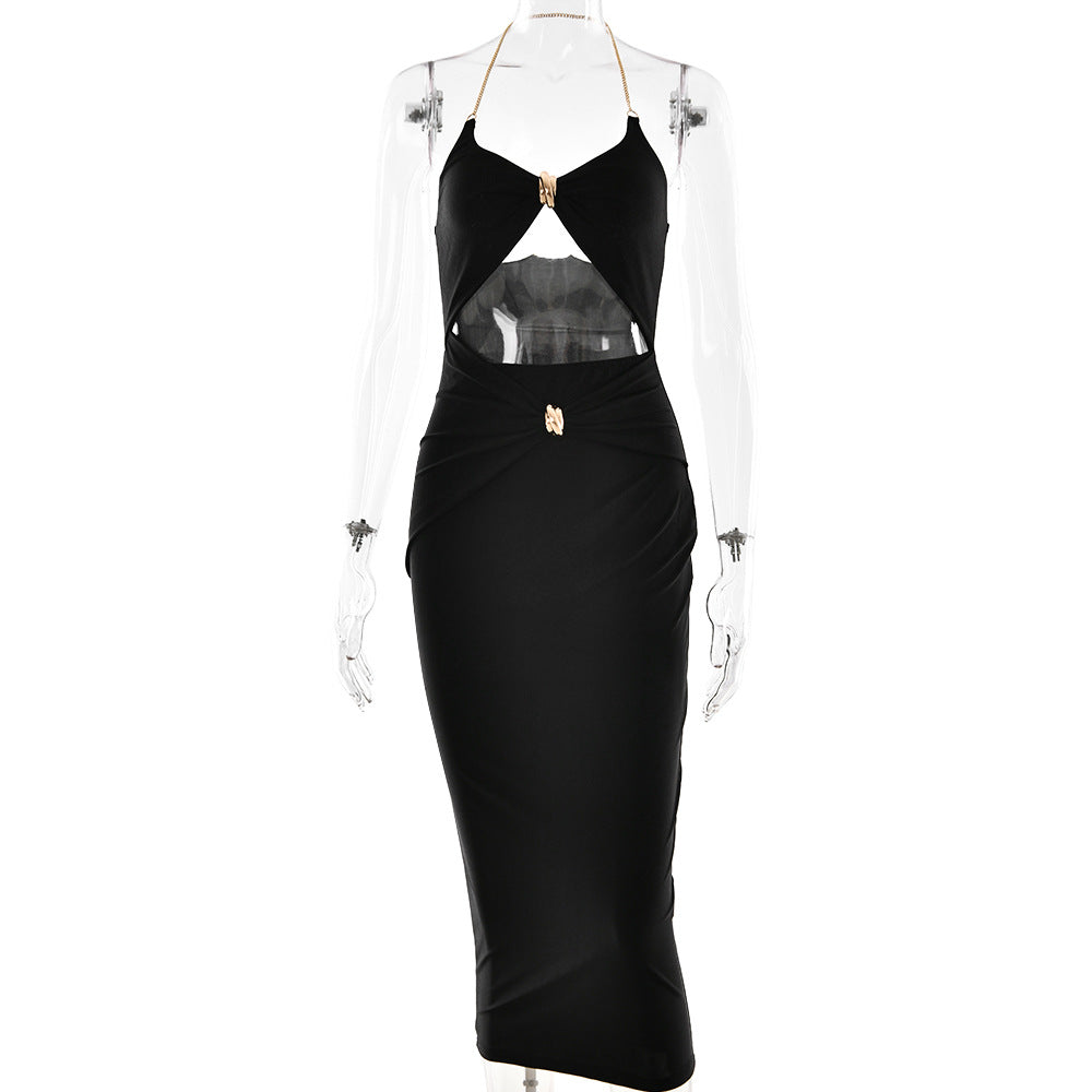 Summer Halter Cut out Dress Sexy Slim Solid Color Deep V Plunge Dress