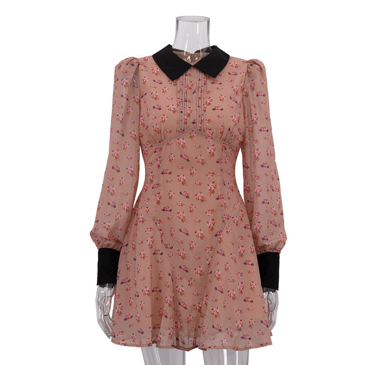 Printing Color Contrast French Dress Women Design Pleated Collared Long Sleeve High Waist A line Dress
