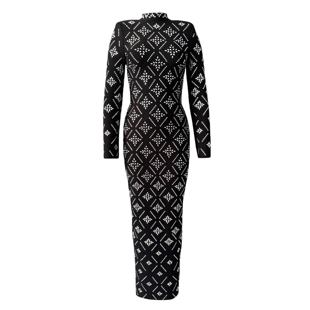 Long Sleeve Slim Heavy Embroidery Drilling Bandage One Piece Dress The Dinner Party Formal Dress
