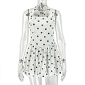 Black White Women Printed Wear Polka Dot Cinched Pleated A line Dress Halter Short Sleeveless Dress Tide