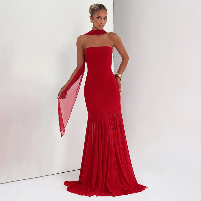 Women Clothing Autumn Winter Solid Color Elegant Sleeveless Chiffon Stitching Tube Top Ribbon Maxi Dress