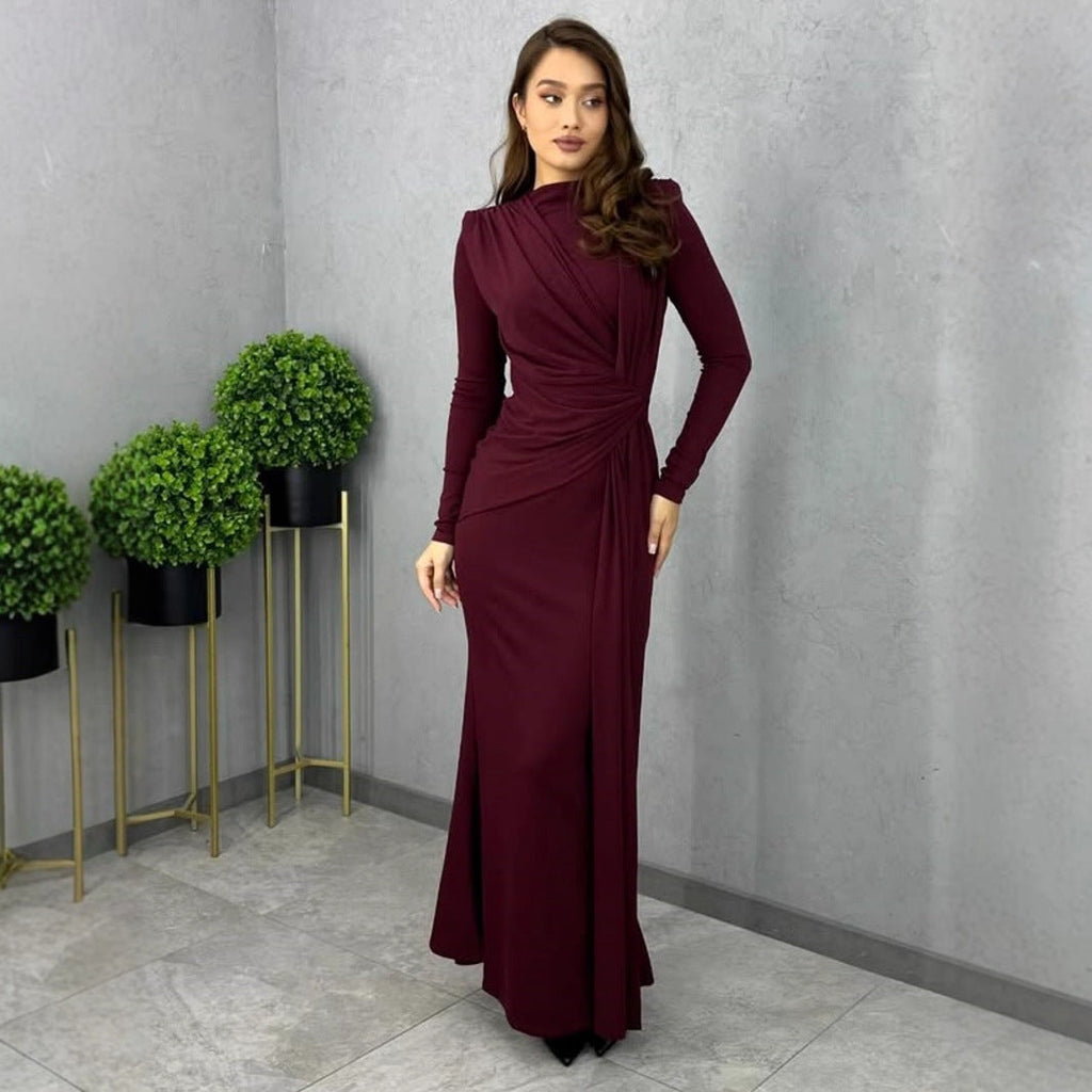 Autumn Women Long Sleeve Fitted Waist Pleated Slim Maxi Dress