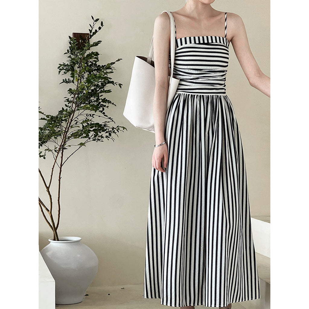 French Striped Bandeau Sling Dress Women High Grade off the Shoulder Pleated Waist Tight A line Long Summer