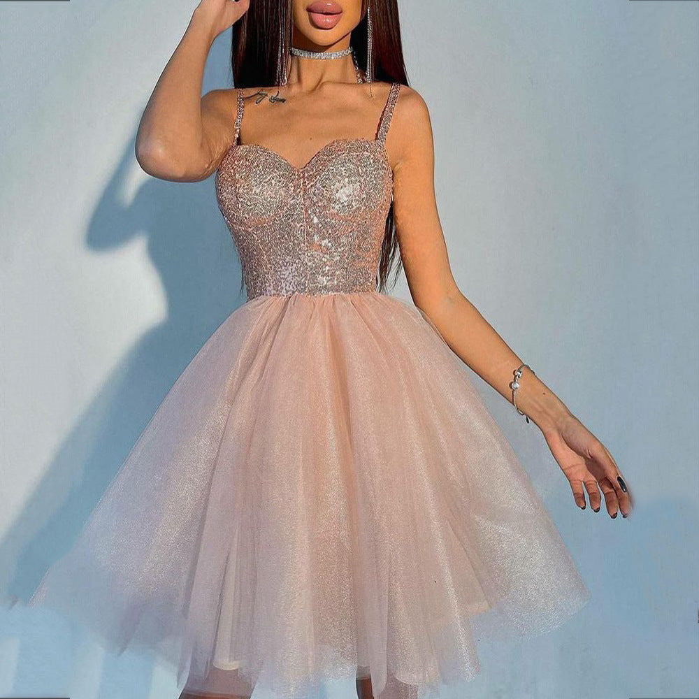 Summer Women Clothing Dress Spaghetti Straps Sleeveless Sexy Sequin Pettiskirt Short Dress