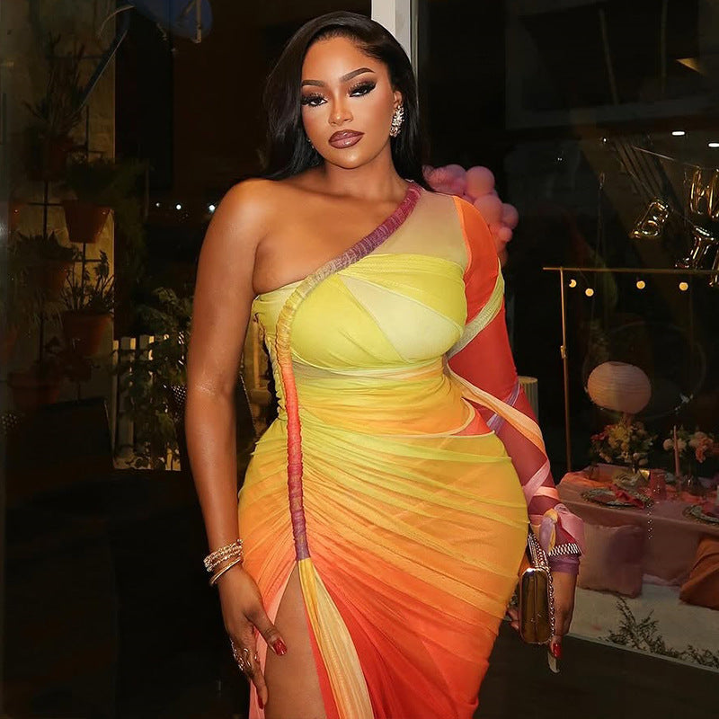 Women Clothing Pleated Color Matching Slit Slim Fitting Asymmetric Diagonal Collar Shoulder Long Sleeve Dress