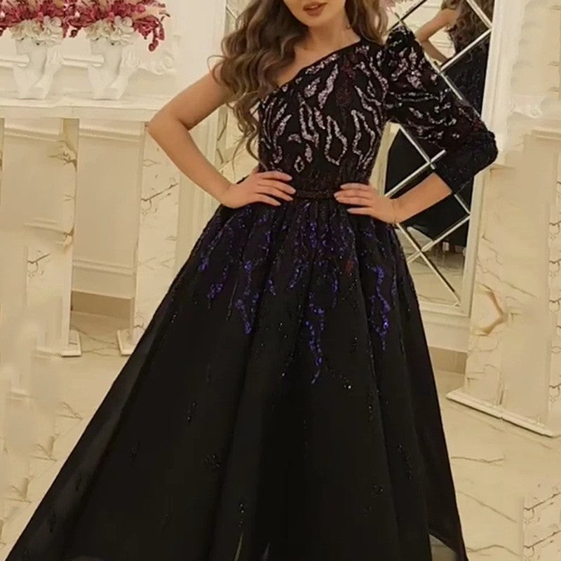 Evening Dress Cocktail Long Black Gold Annual Meeting Host Performance Dress