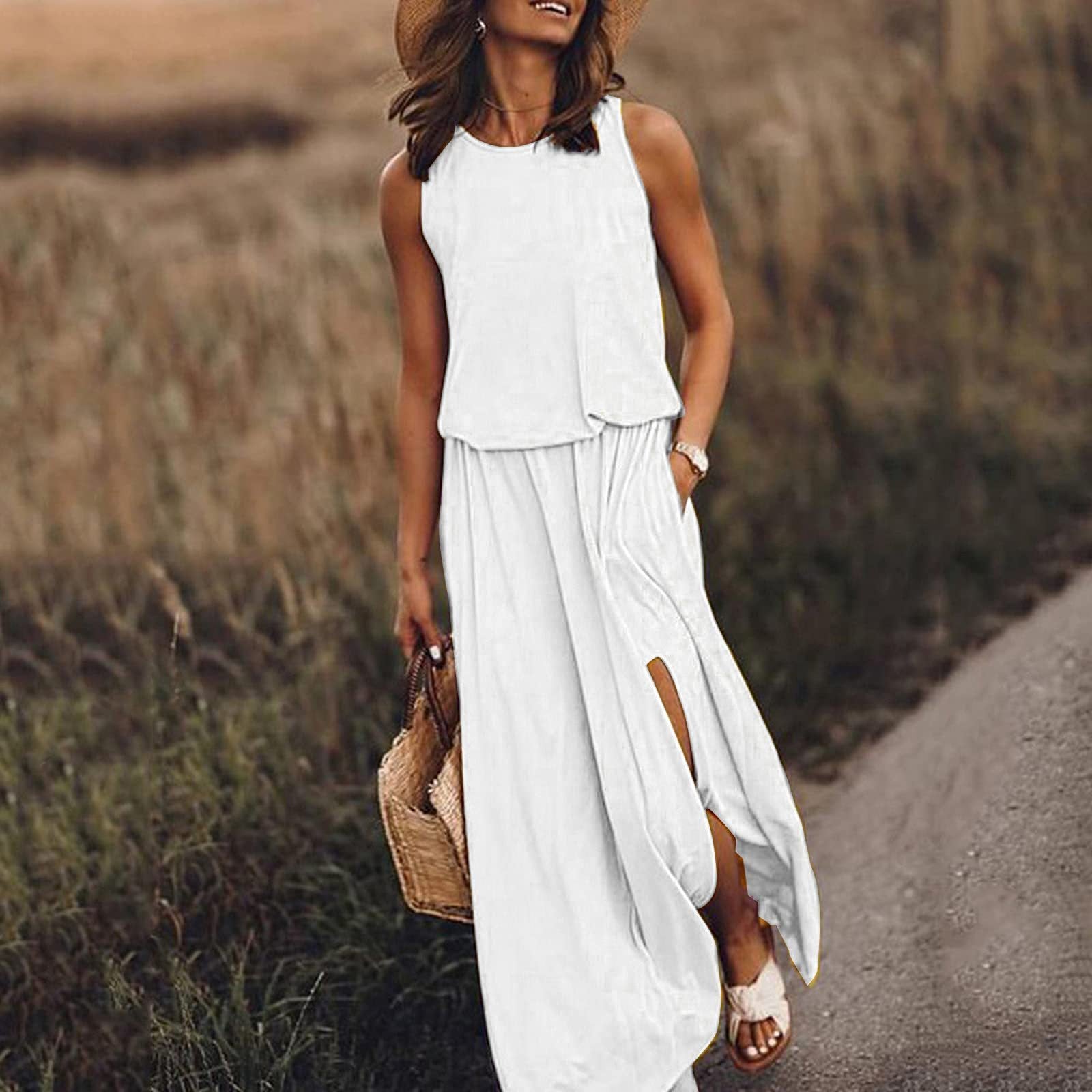 Spring Summer Women Clothing round Neck Sleeveless Dress Split Solid Color Casual Office Dress