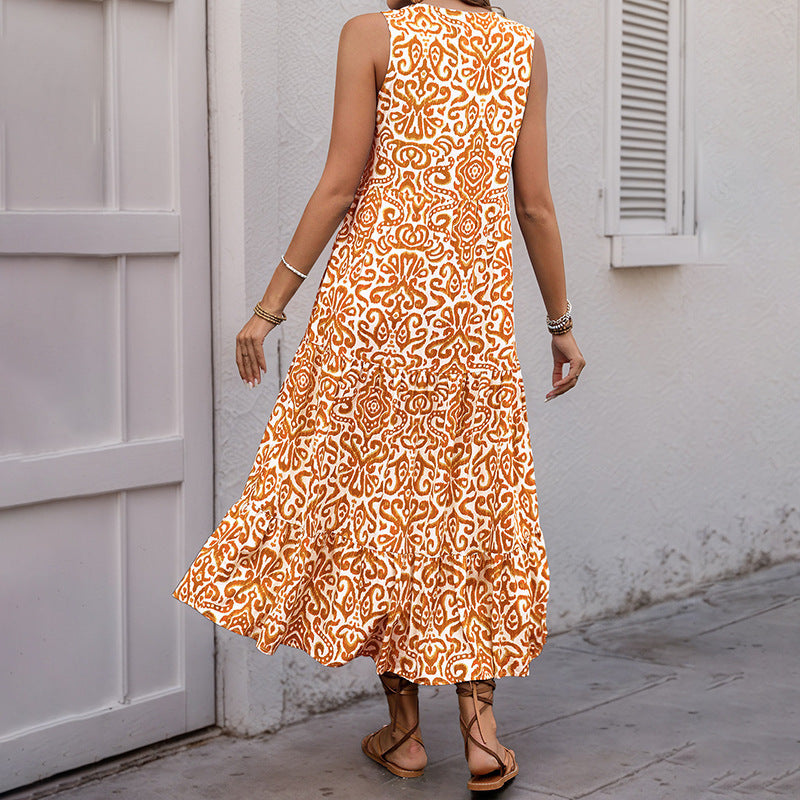 Summer Mid Length Sleeveless V neck Abstract Pattern Printing Dress