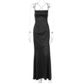 Women Clothing Spring Summer Word Collar Satin Sexy Big Backless Tied Dress