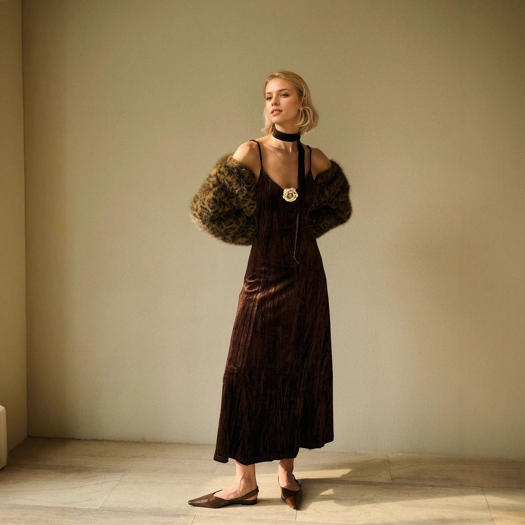 Cocktail Retro Brown Lace up with Corsage Decoration Velvet Pleated Sexy Cami Dress