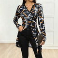 Geometric Abstract Printing Long T shirt V neck Slim Fit Slit Top Women Clothing