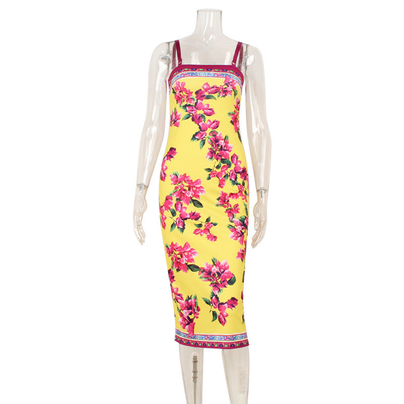 Summer Ethnic Retro Printed Slim Fit Sheath Sling Dress Maxi Dress for Women