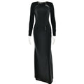 Dress Women round Neck Long Sleeve Sexy Slim Pleated Maxi Dress Elegant Dress